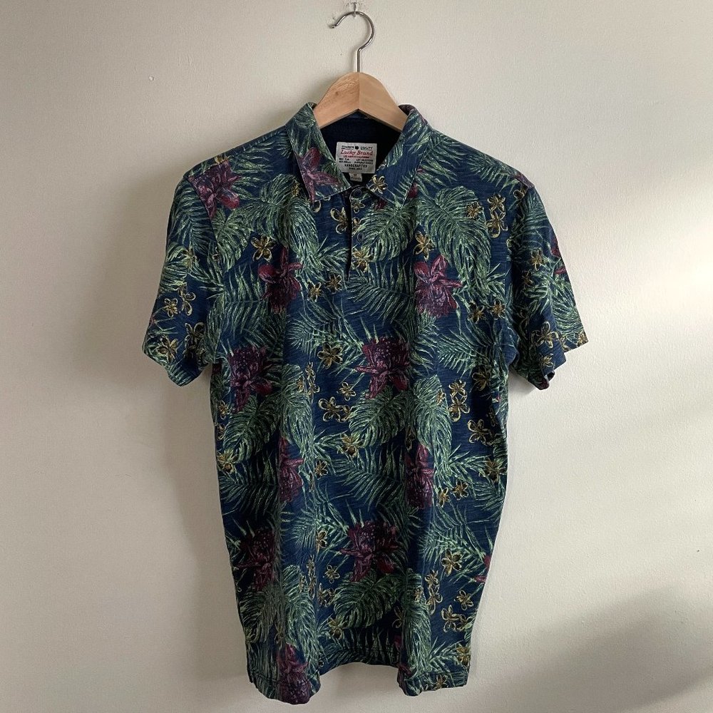 Lucky Brand Men's Hawaiian Print Short Sleeve Polo Shirt Sz M
